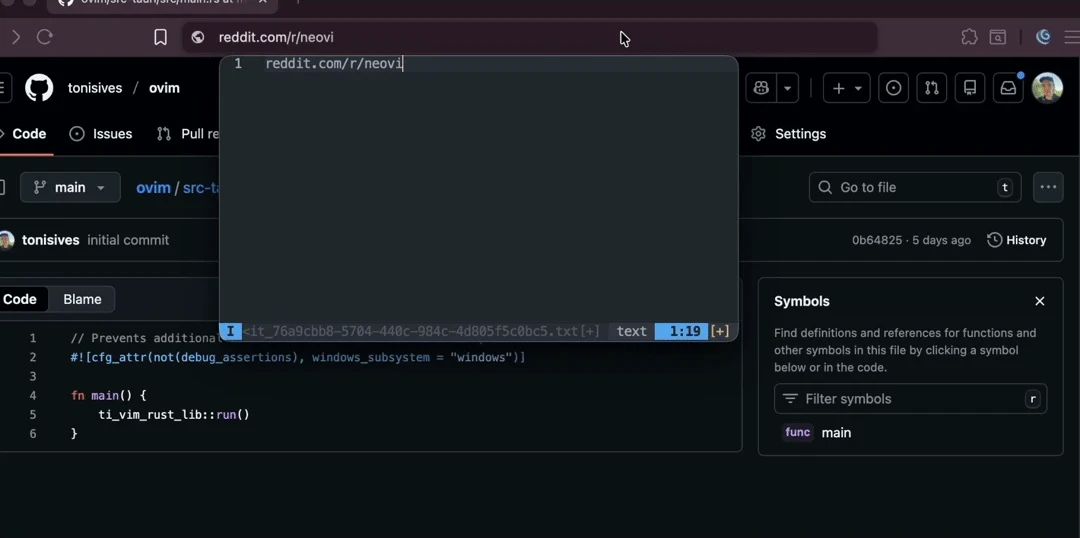 Screenshot of Ovim’s Neovim popup floating below a browser address field